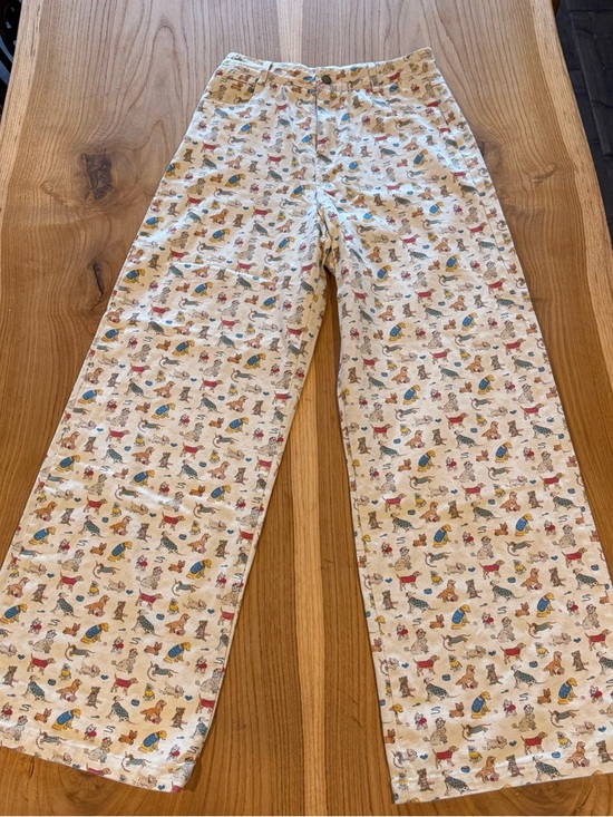 new open Pants - Wide-Leg Cream vintage Dog Print Cotton Wide Leg Jeans